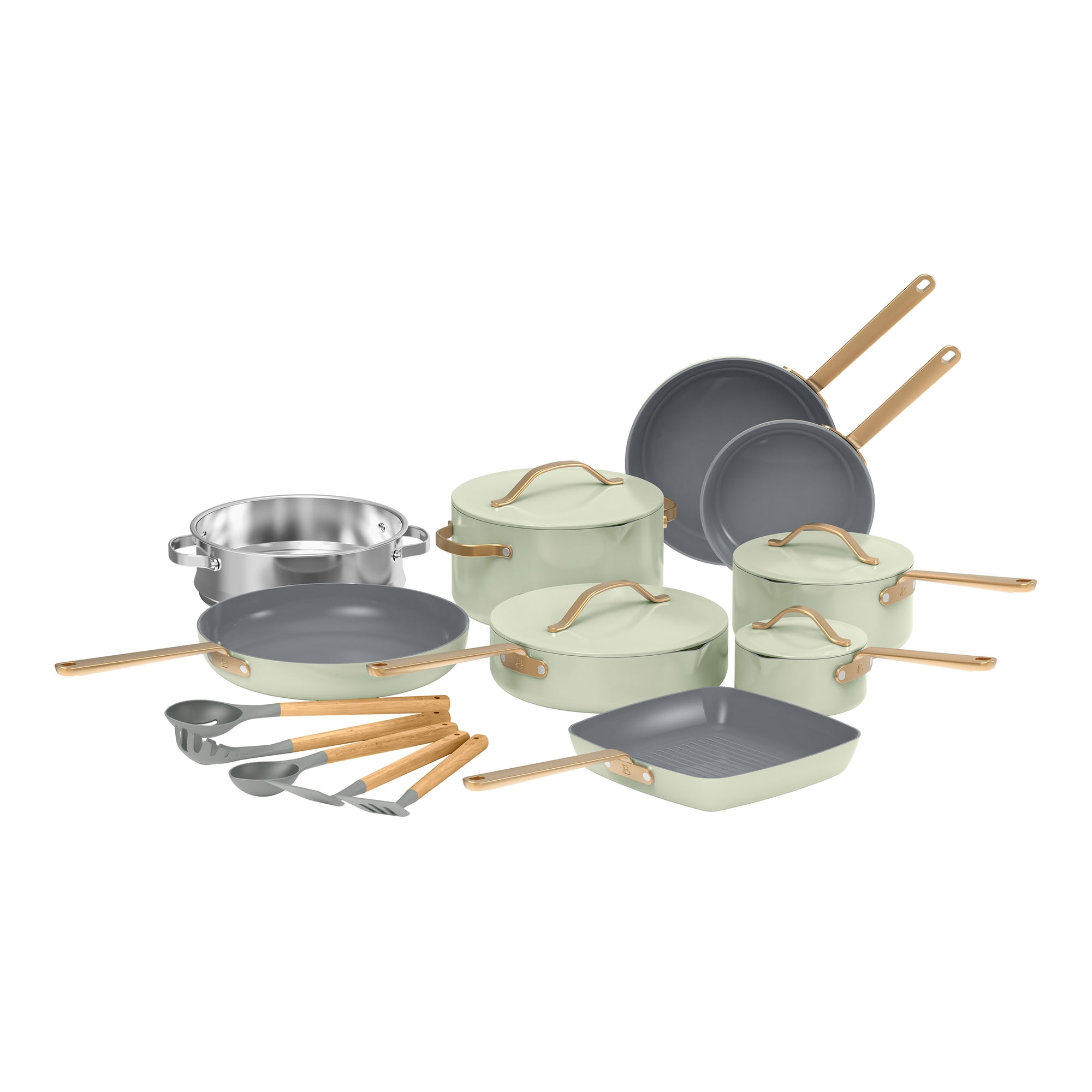 Beautiful 18-Piece Ceramic Nonstick Cookware Set, Pots & Pans with Strainer Lids & Kitchen Utensils, Sage Green by Drew Barrymore