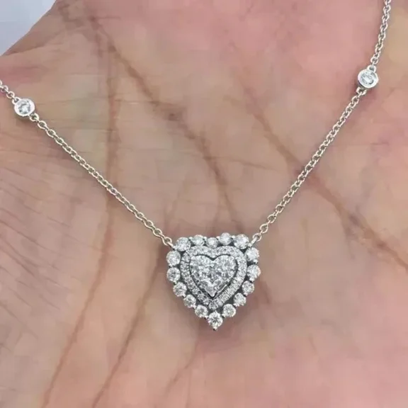 Beautiful 2.00Ct Round Cut Simulated Diamond Women's Halo Heart Pendant 14K White Gold Plated 925 Silver 18"