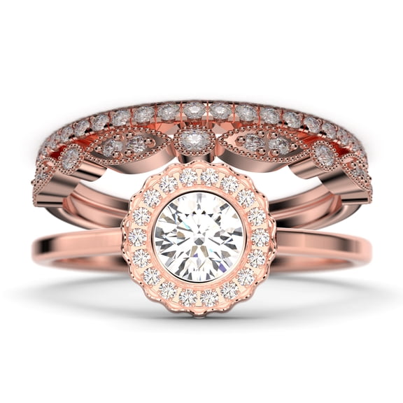 Beautiful 2.10 Carat Round Cut Diamond Moissanite Engagement Ring, Floral Halo Wedding Ring, Two Matching Band in 18k Rose Gold Plating, Bridal Rings, Gift For Her,Promise Ring