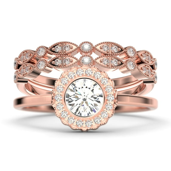 Beautiful 2.10 Carat Round Cut Diamond Moissanite Engagement Ring, Floral Halo Wedding Ring, Two Matching Band in 18k Rose Gold Plating, Bridal Rings, Gift For Her,Promise Ring