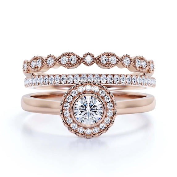Beautiful 2.10 Carat Round Cut Diamond Moissanite Engagement Ring, Floral Halo Wedding Ring, Two Matching Band in 18k Rose Gold Plating, Bridal Rings, Gift For Her,Promise Ring, Anniversary Gift