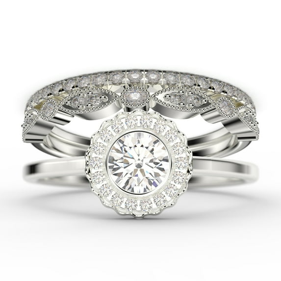 Beautiful 2.10 Carat Round Diamond Moissanite Engagement Ring, Floral Halo Wedding Ring, Two Matching Band in 18k White Gold Plating, Bridal Rings, Gift For Her, Promise Ring