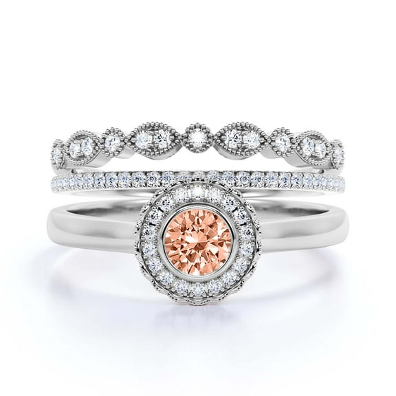 Beautiful 2.10 Carat Round Morganite And Diamond Moissanite Engagement Ring, Floral Halo Wedding Ring, Two Matching Band in 18k White Gold Plating, Bridal Rings, Gift For Her, Promise Ring