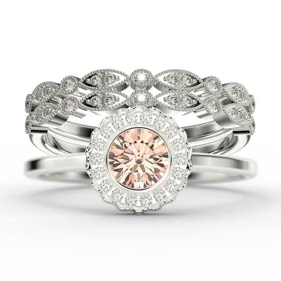 Beautiful 2.10 Carat Round Morganite And Diamond Moissanite Engagement Ring, Floral Halo Wedding Ring, Two Matching Band in 18k White Gold Plating, Bridal Rings, Gift For Her, Promise Ring