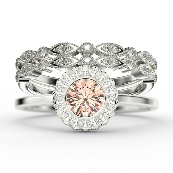 Beautiful 2.10 Carat Round Morganite And Diamond Moissanite Engagement Ring, Floral Halo Wedding Ring, Two Matching Band in 18k White Gold Plating, Bridal Rings, Gift For Her, Promise Ring