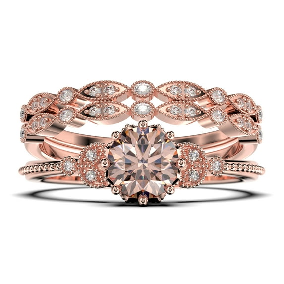 Beautiful 2.25 Carat Round Cut Morganite And Diamond Moissanite Floral Engagement Ring, Antique Wedding Ring, Two Matching Band in 925 Sterling Silver With 18k Rose Gold Plating, Gift For Her