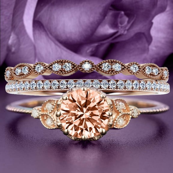 Beautiful 2.25 Carat Round Cut Morganite And Diamond Moissanite Floral Engagement Ring, Antique Wedding Ring, Two Matching Band in 925 Sterling Silver With 18k Rose Gold Plating, Gift For Her
