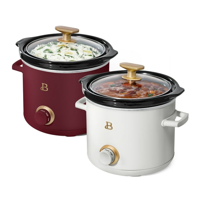 Beautiful 2 Qt Slow Cooker Set, 2Pack, White Icing and Merlot by Drew