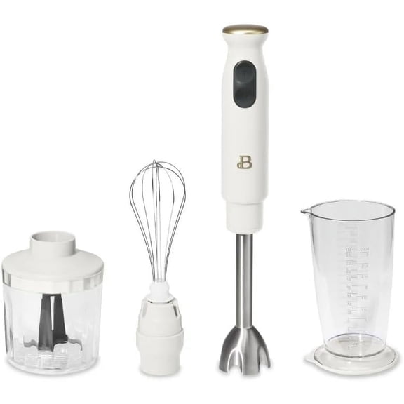 Beautiful 2Speed Immersion Blender with Chopper & Measuring Cup White, 8 Stainless Steel Shaft, Quiet 400W Motor, Includes Chopper, Whisk & 24oz Cup