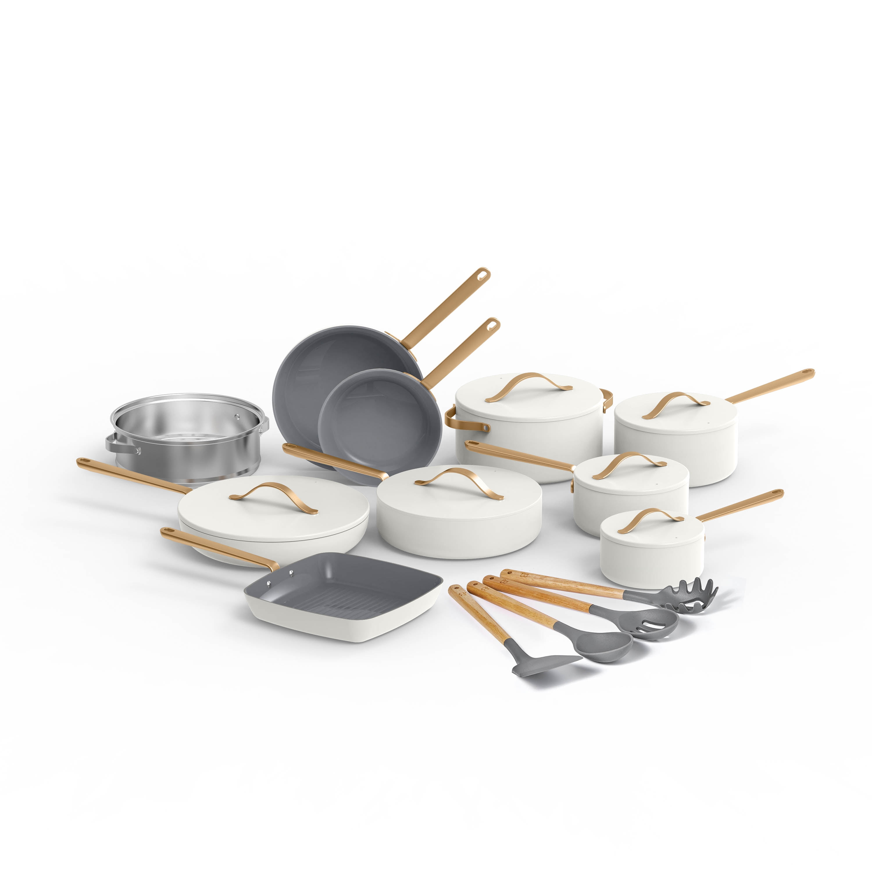 Beautiful 20 Piece Ceramic Non-Stick Cookware Set with Grill Pan, White Icing by Drew Barrymore