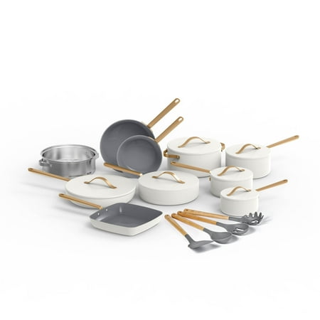 Beautiful 20 Piece Ceramic Non-Stick Cookware Set with Grill Pan, White Icing by Drew Barrymore