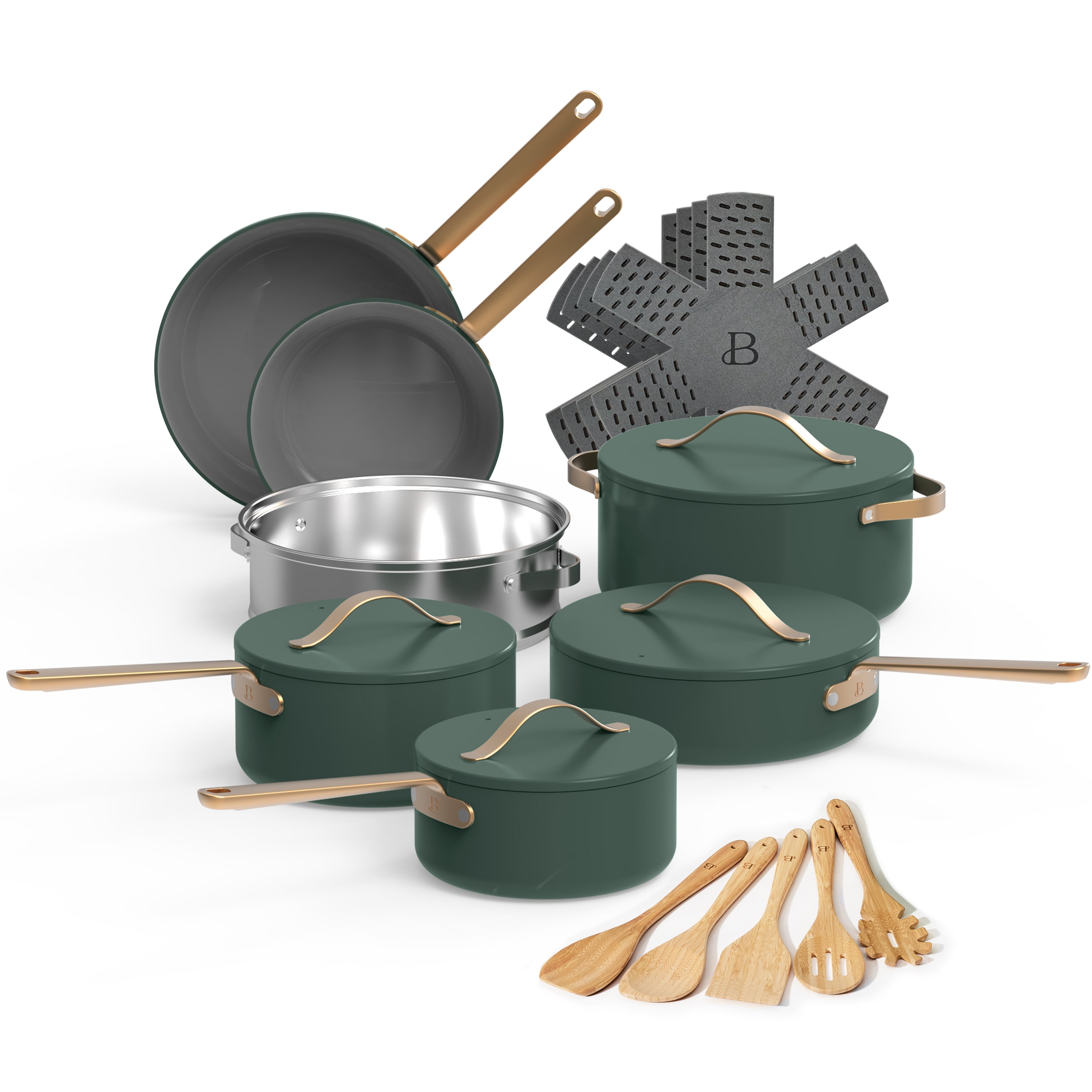 Beautiful 20pc Ceramic Non-Stick Cookware Set, Thyme Green by Drew  Barrymore 