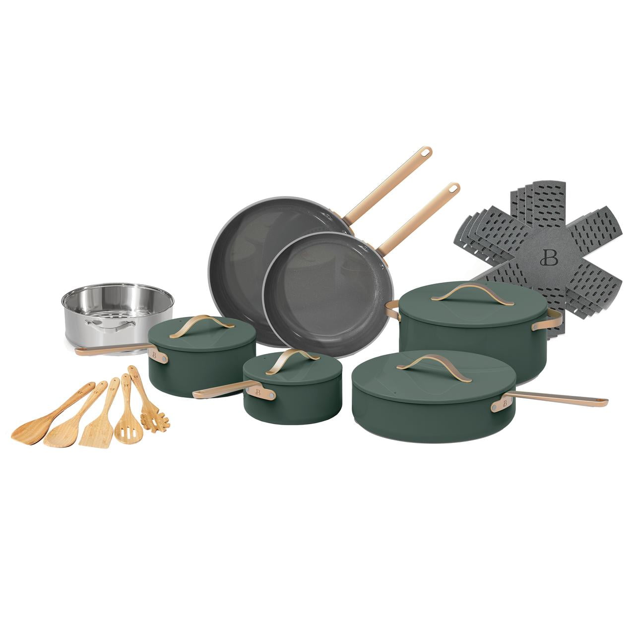 Beautiful 20pc Ceramic NonStick Cookware Set, Thyme Green by Drew