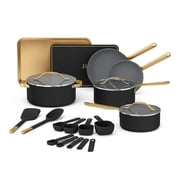Beautiful 21-Piece Ceramic Nonstick Cookware Set with Pots and Pans, Bakeware, and Kitchen Tools, Black Sesame by Drew Barrymore