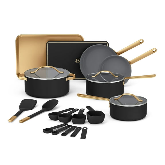 Beautiful 21-Piece Ceramic Nonstick Cookware Set with Pots and Pans, Bakeware, and Kitchen Tools, Black Sesame by Drew Barrymore