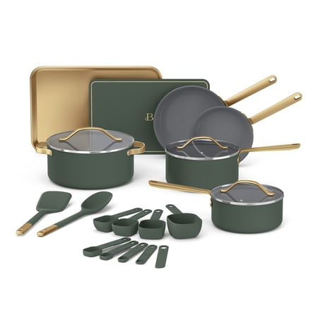 Beautiful 21-Piece Ceramic Nonstick Cookware Set with Pots and Pans, Bakeware, and Kitchen Tools, Thyme Green by Drew Barrymore