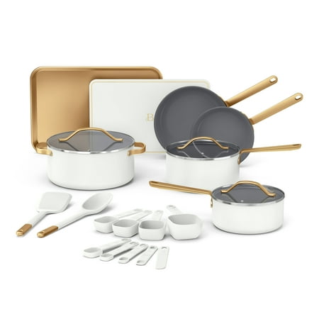 Beautiful 21-Piece Ceramic Nonstick Cookware Set with Pots and Pans, Bakeware, and Kitchen Tools, White Icing by Drew Barrymore