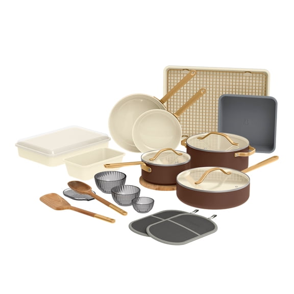 Beautiful 23-Piece Ceramic Nonstick Cookware & Bakeware Set with Pots, Pans and Kitchen Accessories, Chocolate Brown by Drew Barrymore
