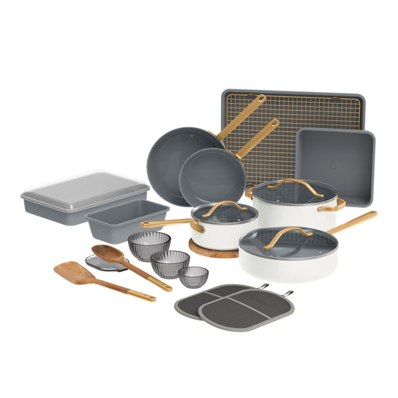 Beautiful 23-Piece Ceramic Nonstick Cookware & Bakeware Set with Pots, Pans and Kitchen Accessories, White Icing by Drew Barrymore
