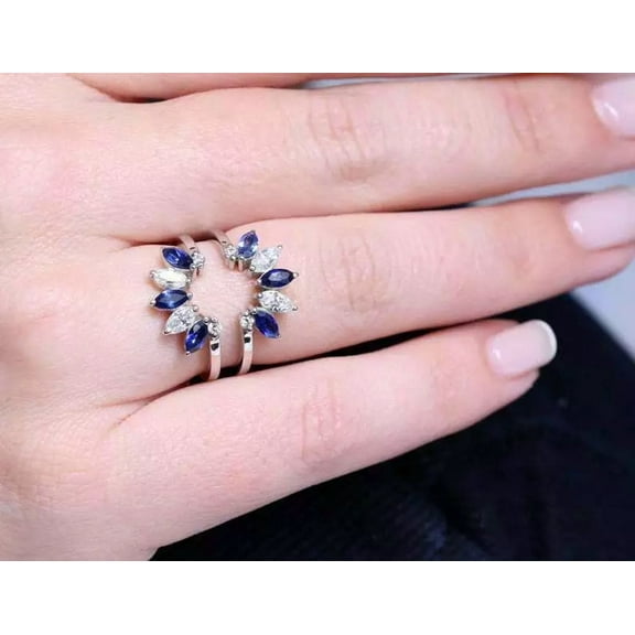Beautiful 2Ct Marquise Cut Simulated Blue Sapphire & Diamond Women's Enhancer Wedding Ring 14K White Gold Plated 925 Silver