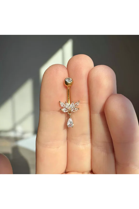 Beautiful 2Ct Pear Cut Lab-Created Diamond Small Dangly Belly Button Ring For Women's 14K Yellow Gold Plated Silver