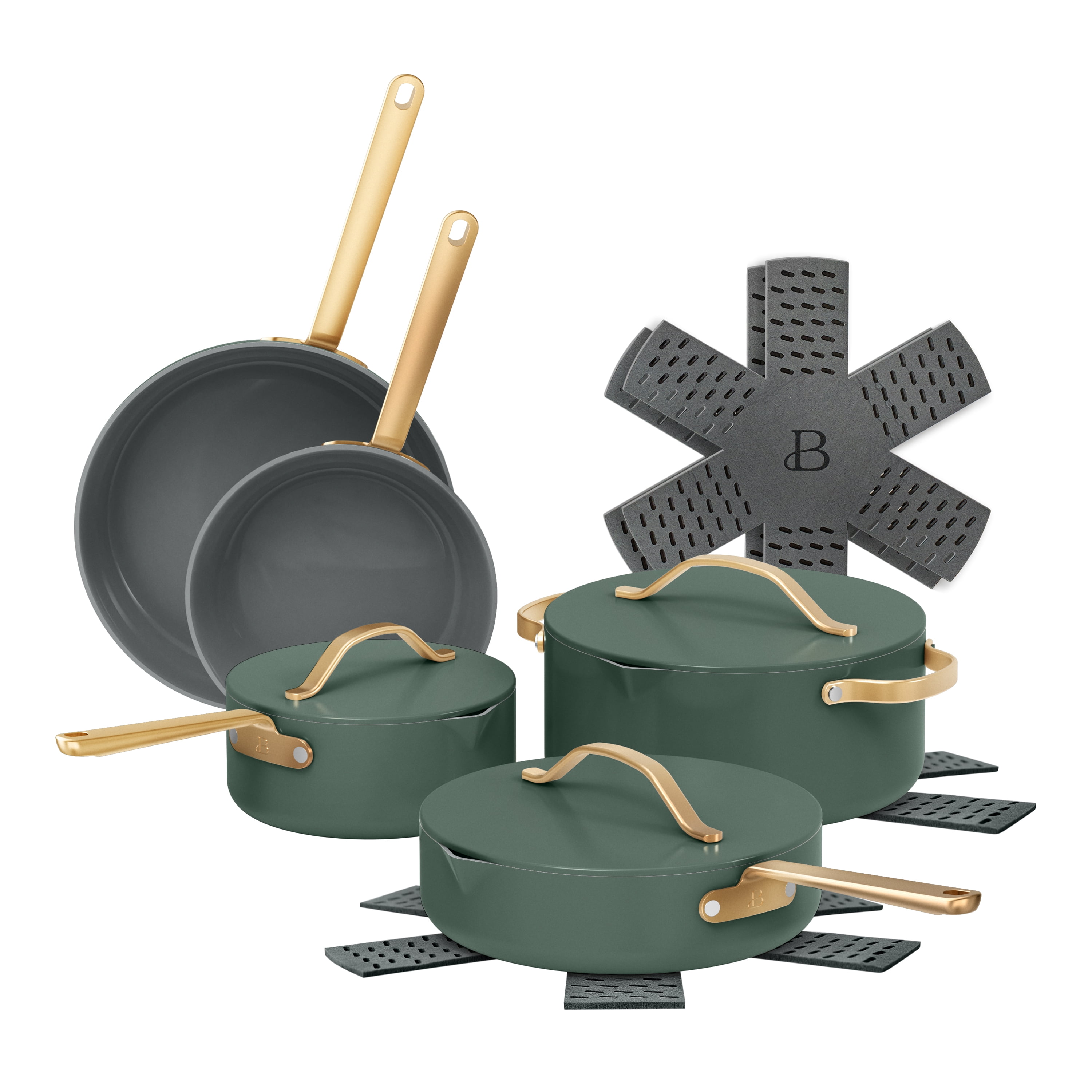 Beautiful 12-Piece Ceramic Nonstick Cookware Set, Pots and Pans with Strainer Lids, Thyme Green by Drew Barrymore