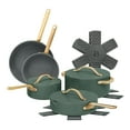 thumbnail interactive-video image 1 of Beautiful 12-Piece Ceramic Nonstick Cookware Set, Pots and Pans with Strainer Lids, Thyme Green by Drew Barrymore, 1 of 19