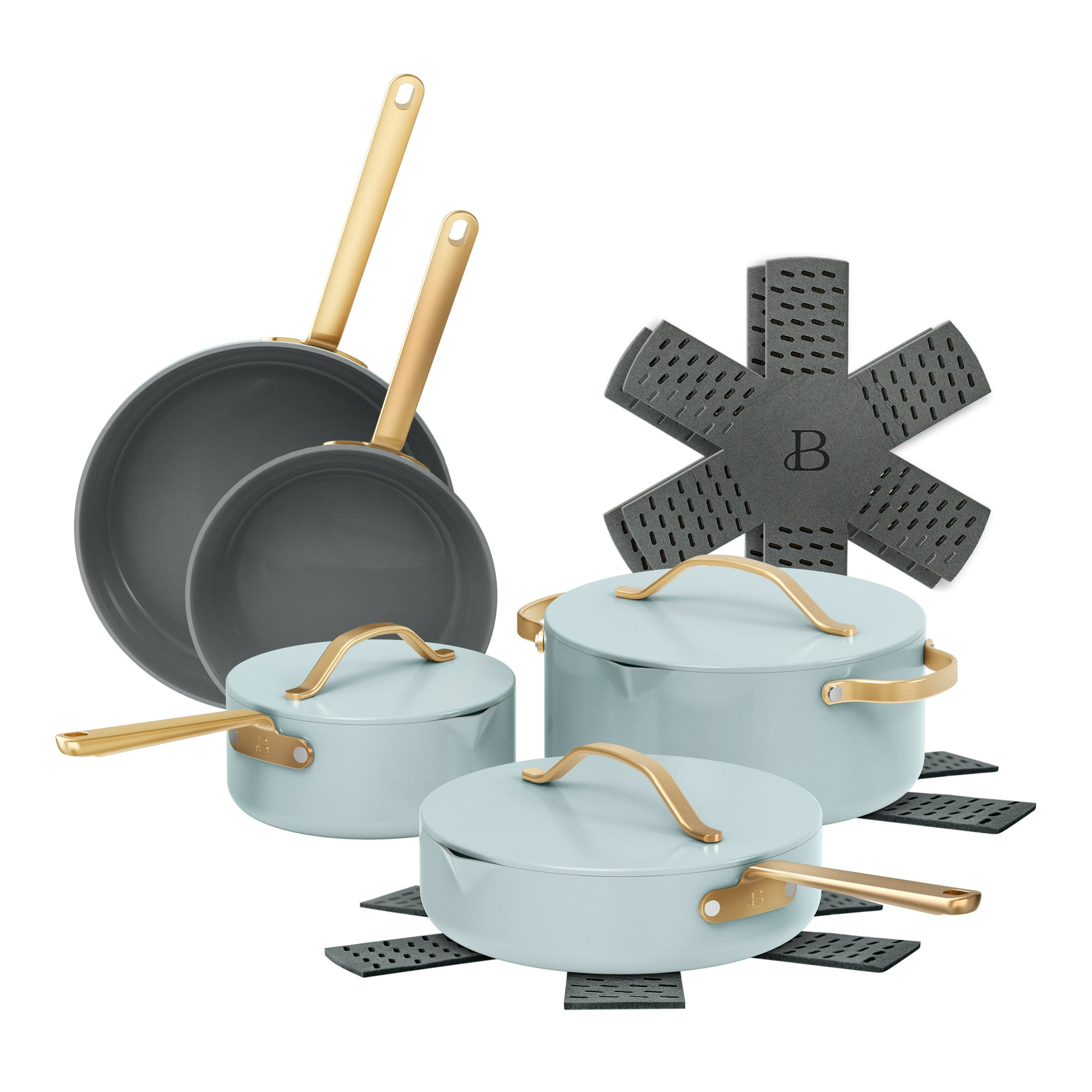 Beautiful 12pc Ceramic Nonstick Cookware Set, Pots and Pans with Strainer Lids, Hydrangea by Drew Barrymore
