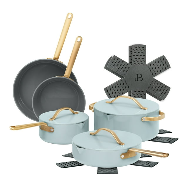 Beautiful 12pc Ceramic Nonstick Cookware Set, Pots and Pans with Strainer Lids, Hydrangea by Drew Barrymore