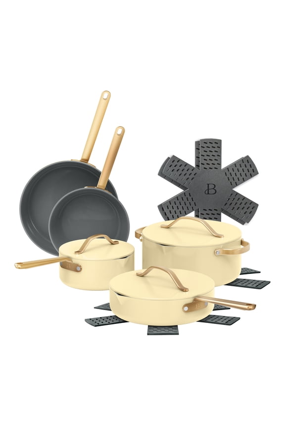 12-Piece Ceramic Nonstick Cookware Set, Pots and Pans with Strainer Lids, Buttercream by Drew Barrymore