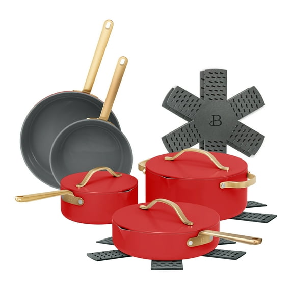 Beautiful 12-Piece Ceramic Nonstick Cookware Set, Pots and Pans with Strainer Lids, Tomato Red by Drew Barrymore