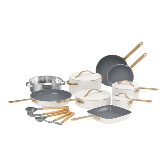 Beautiful 18-Piece Ceramic Nonstick Cookware Set, Pots & Pans with Strainer Lids & Kitchen Utensils, White Icing by Drew Barrymore