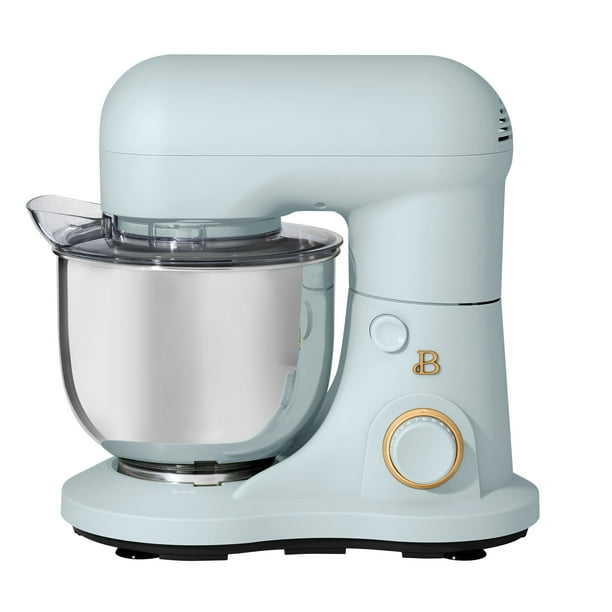 A pale blue stand mixer featuring a large mixing bowl and sleek, modern lines.