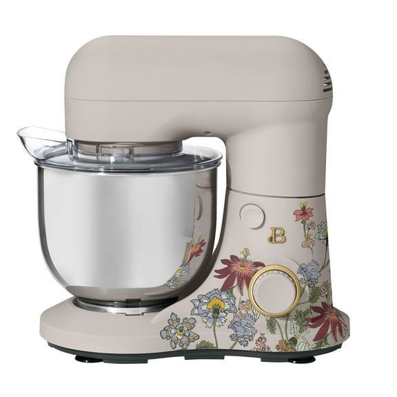 Beautiful 3.5 Qt Stand Mixer with Flat Beater, Dough Hook, Balloon Whisk, Wildflower Porcini Taupe by Drew Barrymore