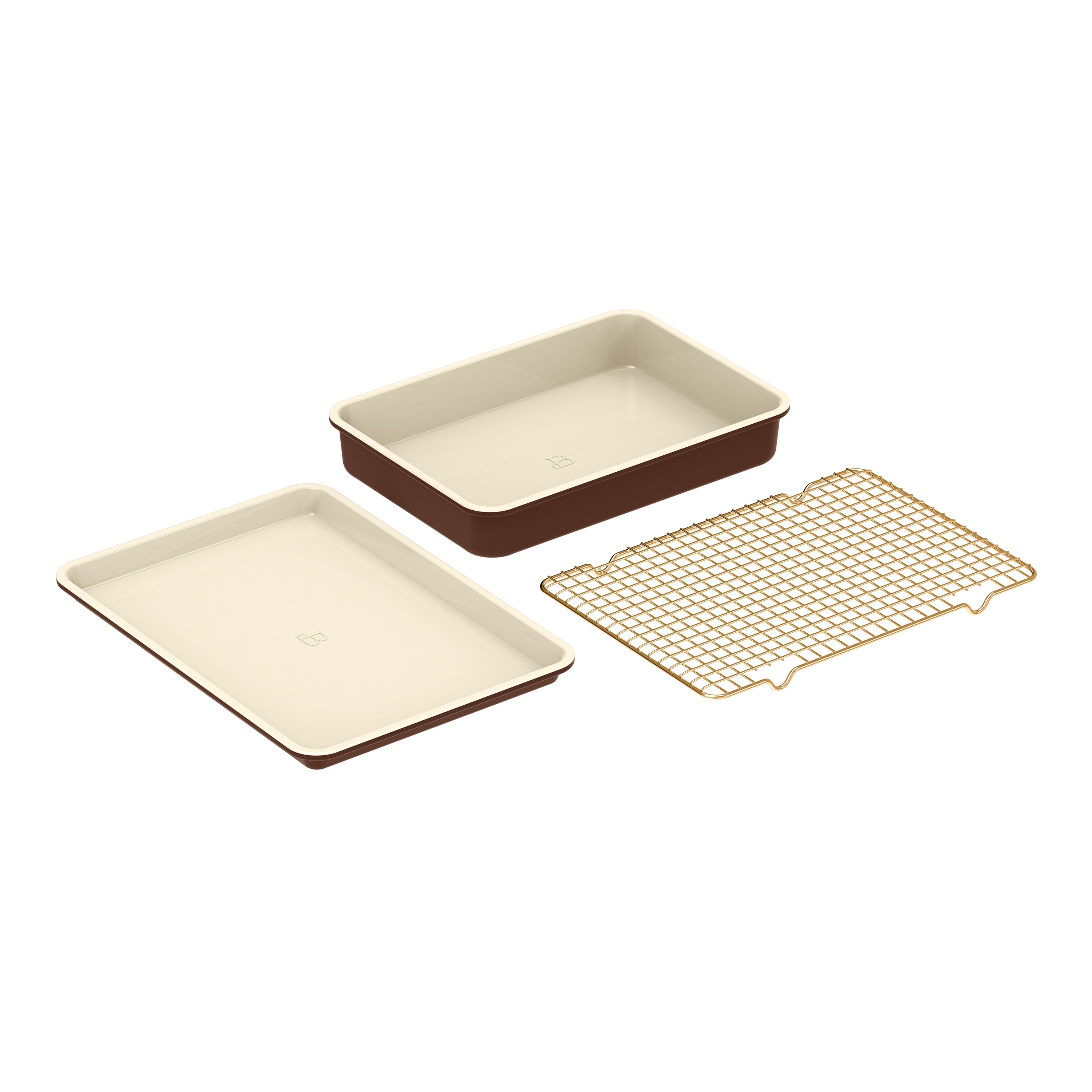 Beautiful 3-Piece Nonstick Metal Bakeware Set with Baking Sheet, 9" x 13" Cake Pan & Cooling Rack, Chocolate Brown by Drew Barrymore