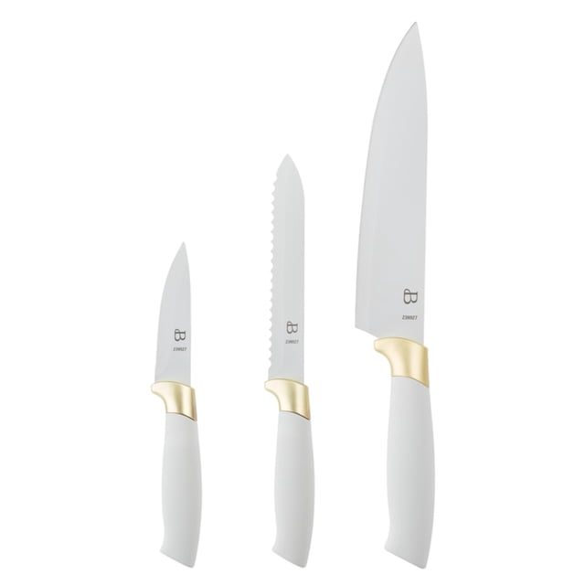 Beautiful by Drew Barrymore 3-Piece Soft Grip Stainless Steel Chef Knife Set, White and Gold
