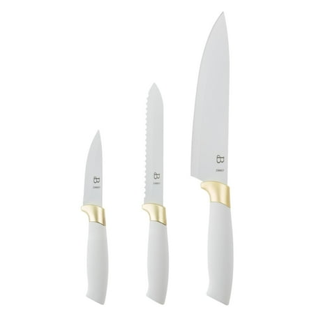 Beautiful 3-Piece Soft Grip Stainless Steel Chef Knife Set White and Gold by Drew Barrymore