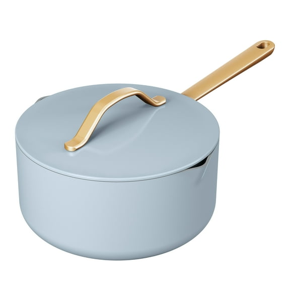 Beautiful 3 Quart Ceramic Non-Stick Covered Sauce Pan with Strainer Lid, Cornflower Blue by Drew Barrymore