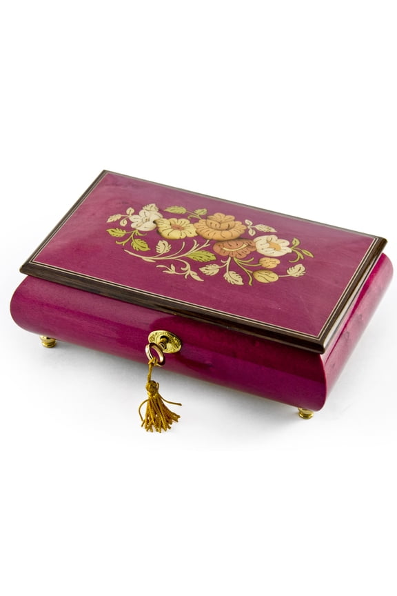 Beautiful 30 Note Red-Wine Floral Inlay Musical Jewelry Box with Lock and Key - Scarsborough Fair