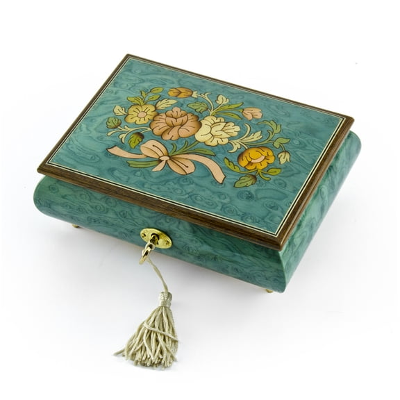 Beautiful 30 Note Turquoise Floral Inlay Musical Jewelry Box with Lock and Key - 9th Symphony (Ode to Joy)