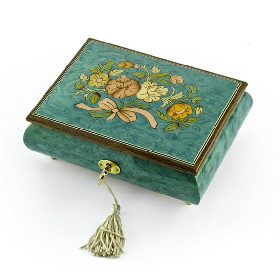 Beautiful 30 Note Turquoise Floral Inlay Musical Jewelry Box with Lock and Key - Limelight