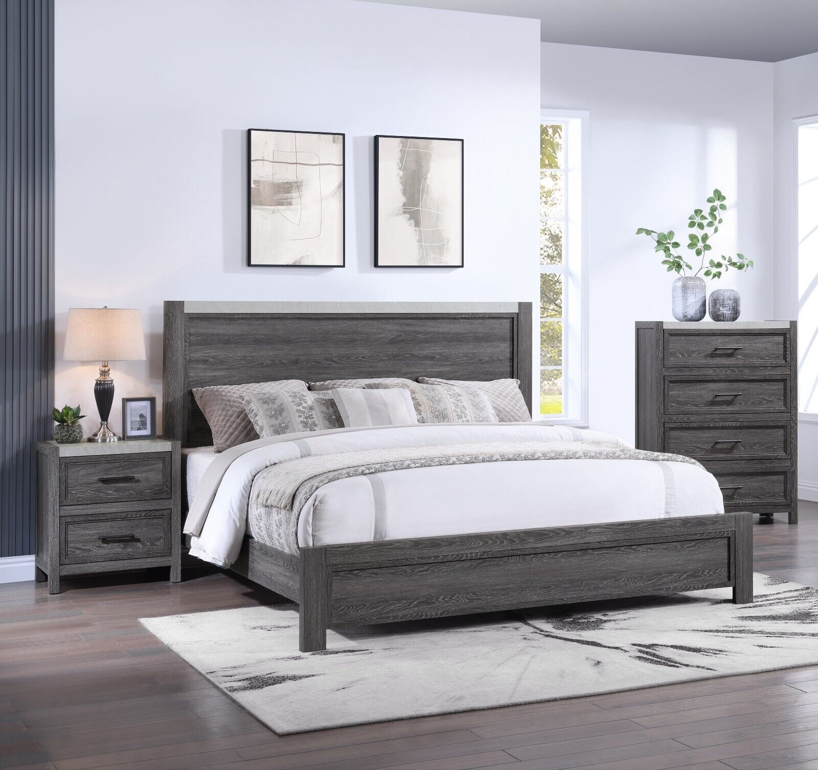 Beautiful 3pc King Size Dark Gray Finish Panel Bed Chest Nightstand Set Wooden Bedroom Furniture