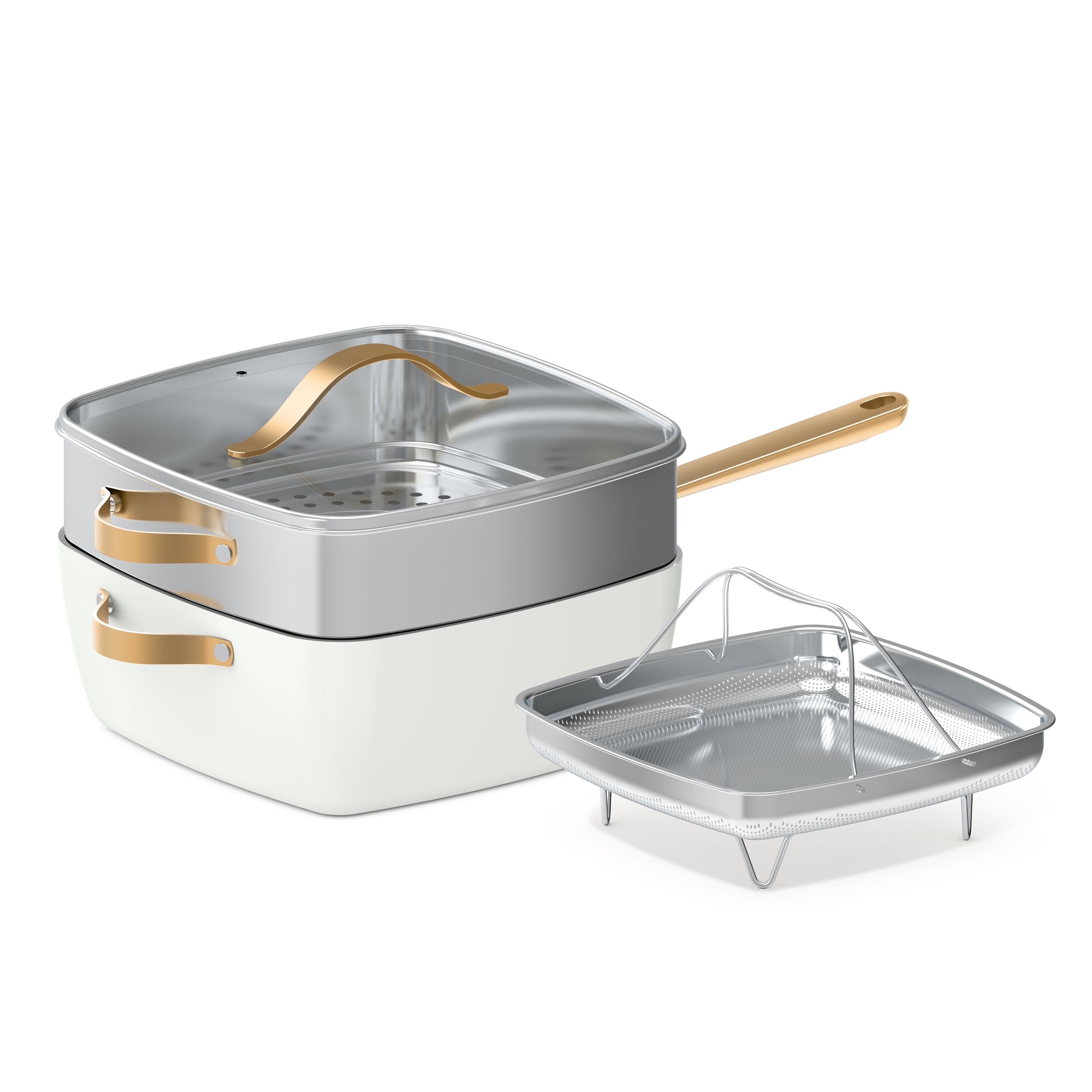 Beautiful 4 Piece 4.5qt Ceramic Non-Stick Square Pan Cookware Set, White Icing by Drew Barrymore