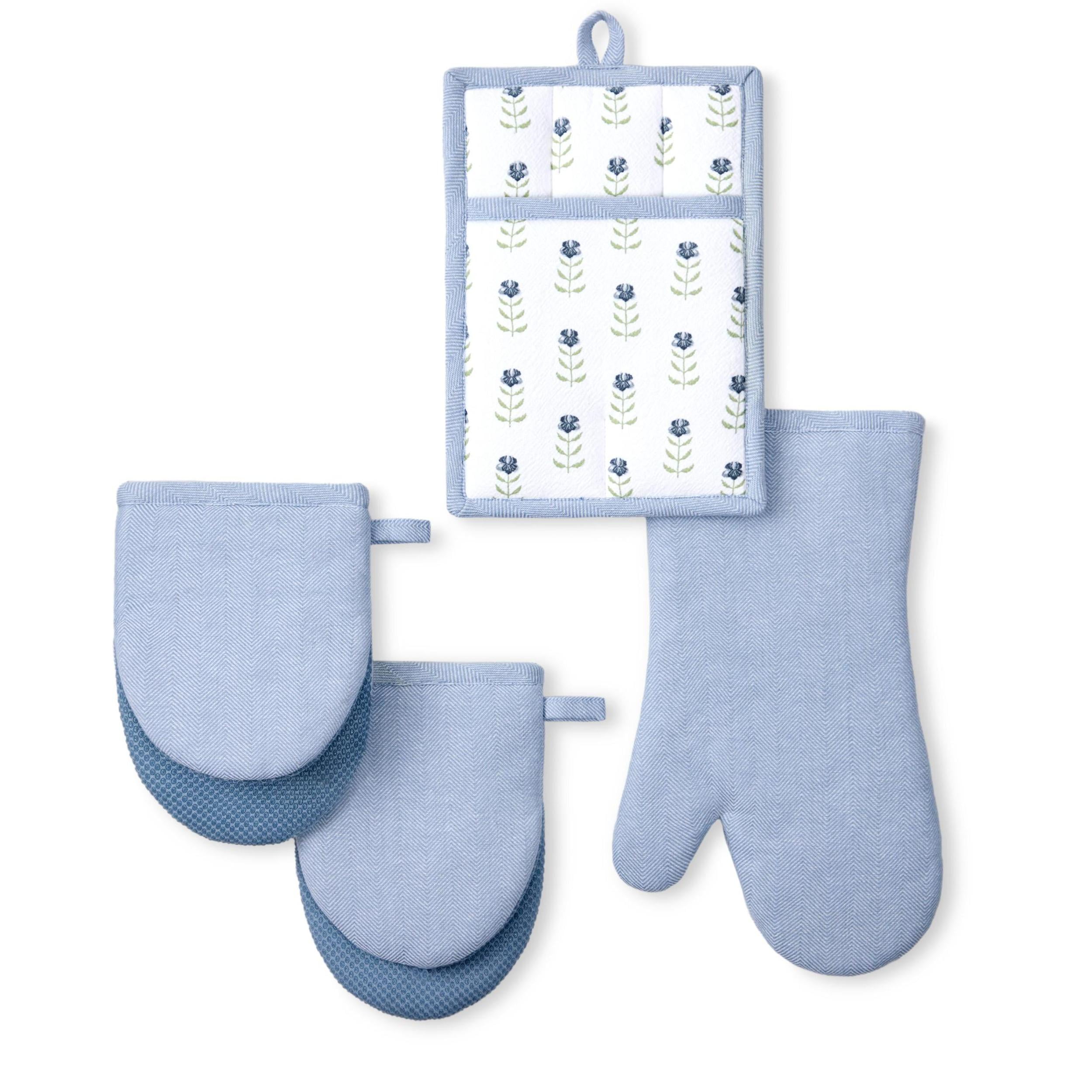 Beautiful 4-Piece Oven Mitt, Pot Holder, Mini Mitt Set, Blue