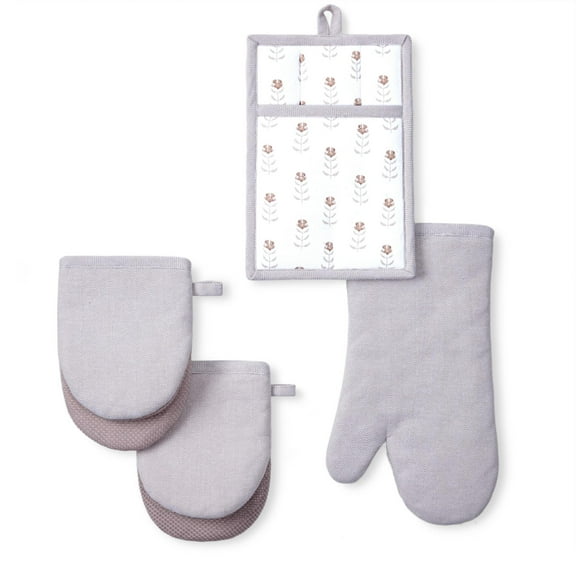 Beautiful Home by Drew Barrymore 4-Piece Oven Mitt, Pot Holder, Mini Mitt Set, Brown