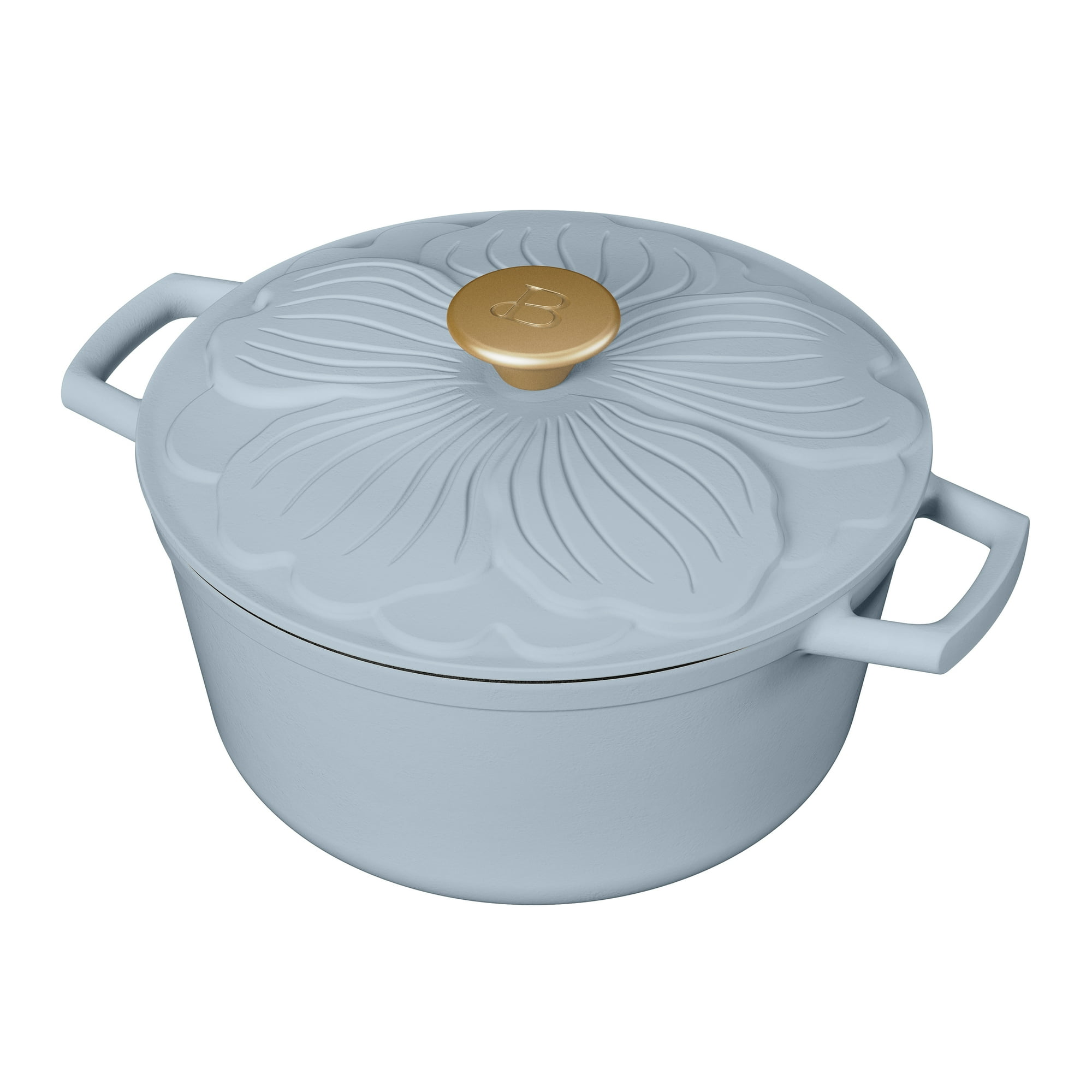 Beautiful 4 Quart Enameled Cast Iron Round Dutch Oven with petal design lid, Cornflower Blue by Drew Barrymore