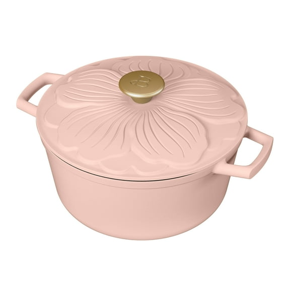 Beautiful 4 Quart Enameled Cast Iron Round Dutch Oven with petal design lid, Rose by Drew Barrymore