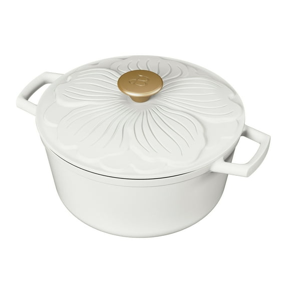 Beautiful 4 Quart Enameled Cast Iron Round Dutch Oven with Petal Design Lid, White Icing by Drew Barrymore