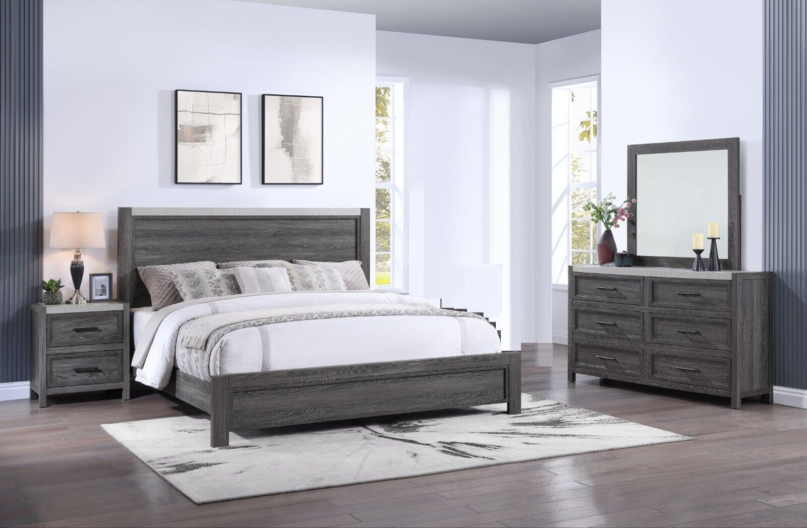 Beautiful 4pc King Size Dark Gray Finish Panel Bed Set Storage Wooden Master Bedroom Furniture