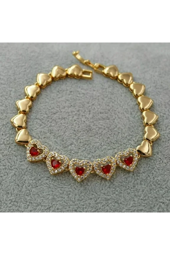 Beautiful 5.00 Ct Heart Cut Simulated Red Ruby Womens Engagement Tennis Bracelet 14K Yellow Gold Plated 925 Sterling Silver 7"